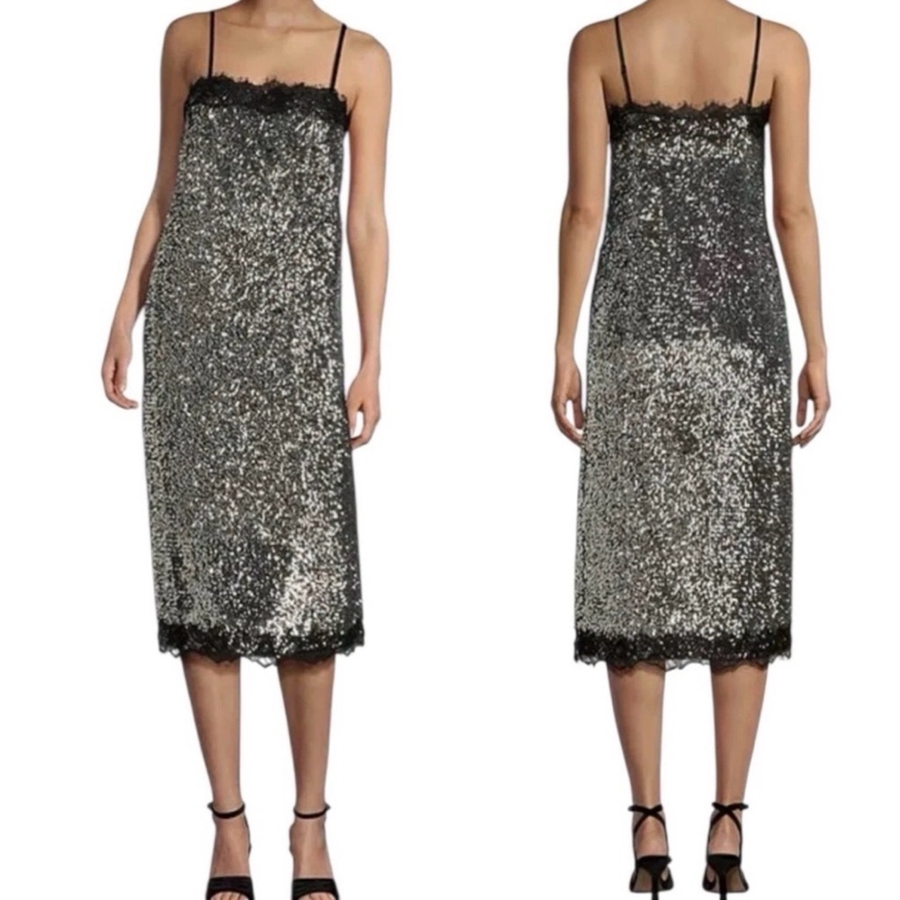 Ganni Silver Sequin Chemise with Black Lace